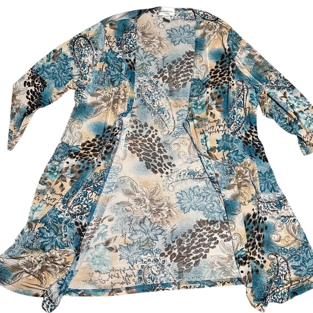 Brylane Woman Cardigan Women 1X Blue Paisley Floral Boho Front Tie Wood Beads